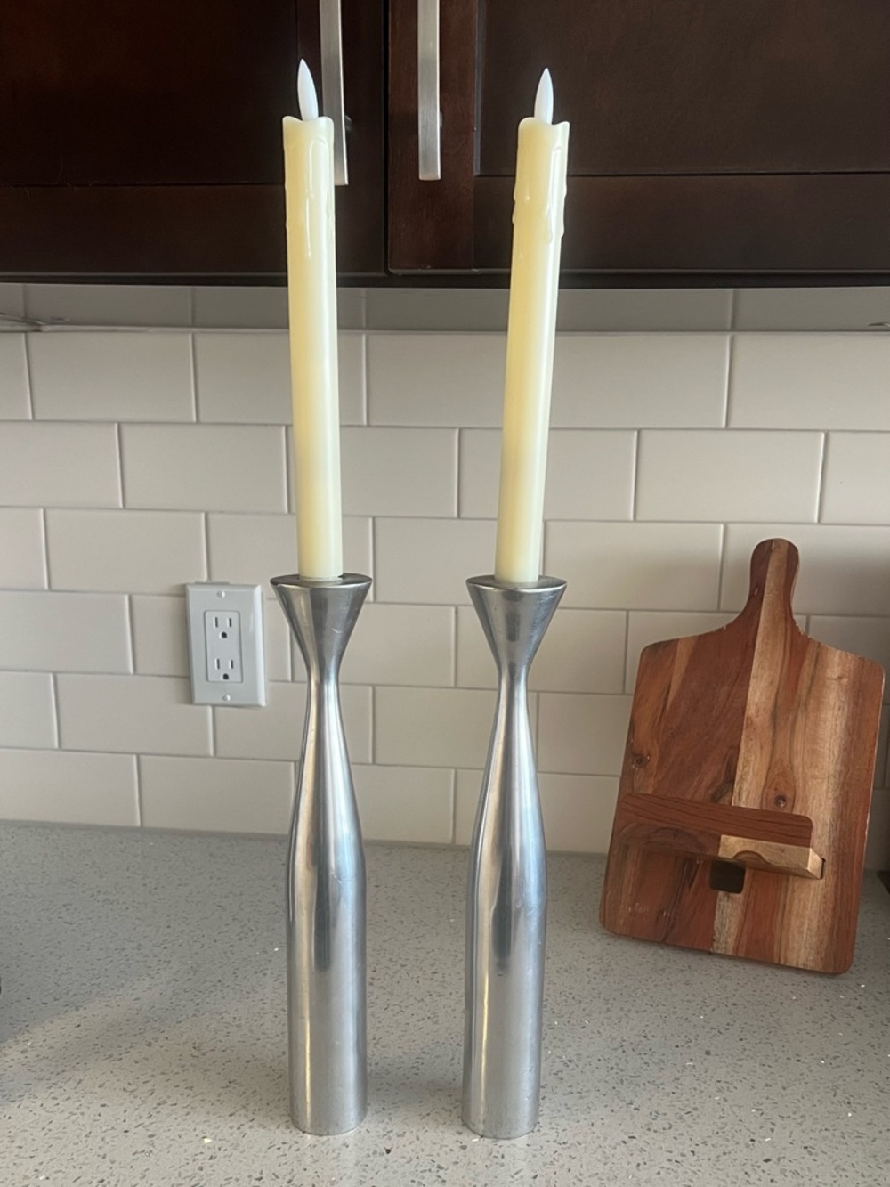 Tall Danish Modern Decor Silver Metal Candlestick Holders Set Pair Hourglass